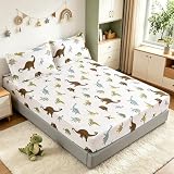 MAG 3Pcs Dinosaur Sheet Twin Size,White Colorful Cute Fitted Sheets,Super Soft Microfiber with 1 Fitted Sheet 14'' Deep Pocket and 2 Pillowcase for Kids Boys Girls Teens,Dinosaur Animal Lovers.