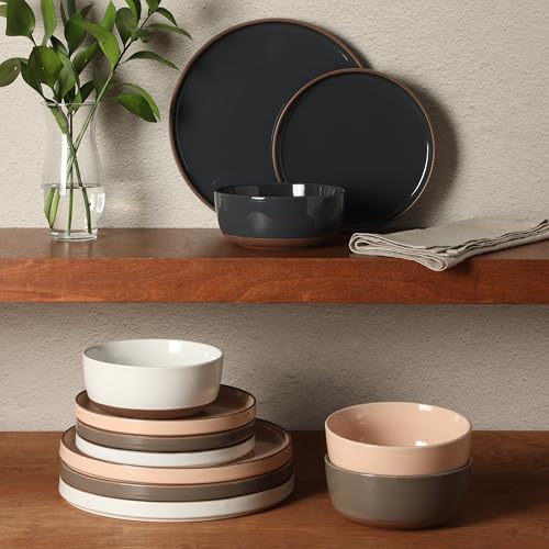 Image of Gibson Elite Northrock Stoneware Dinnerware Set, 12-Piece Service for 4 Plates and Bowls Set - Assorted Colors Blue, White, Pink, Gray Dishes with Hand-Painted Terracotta Base