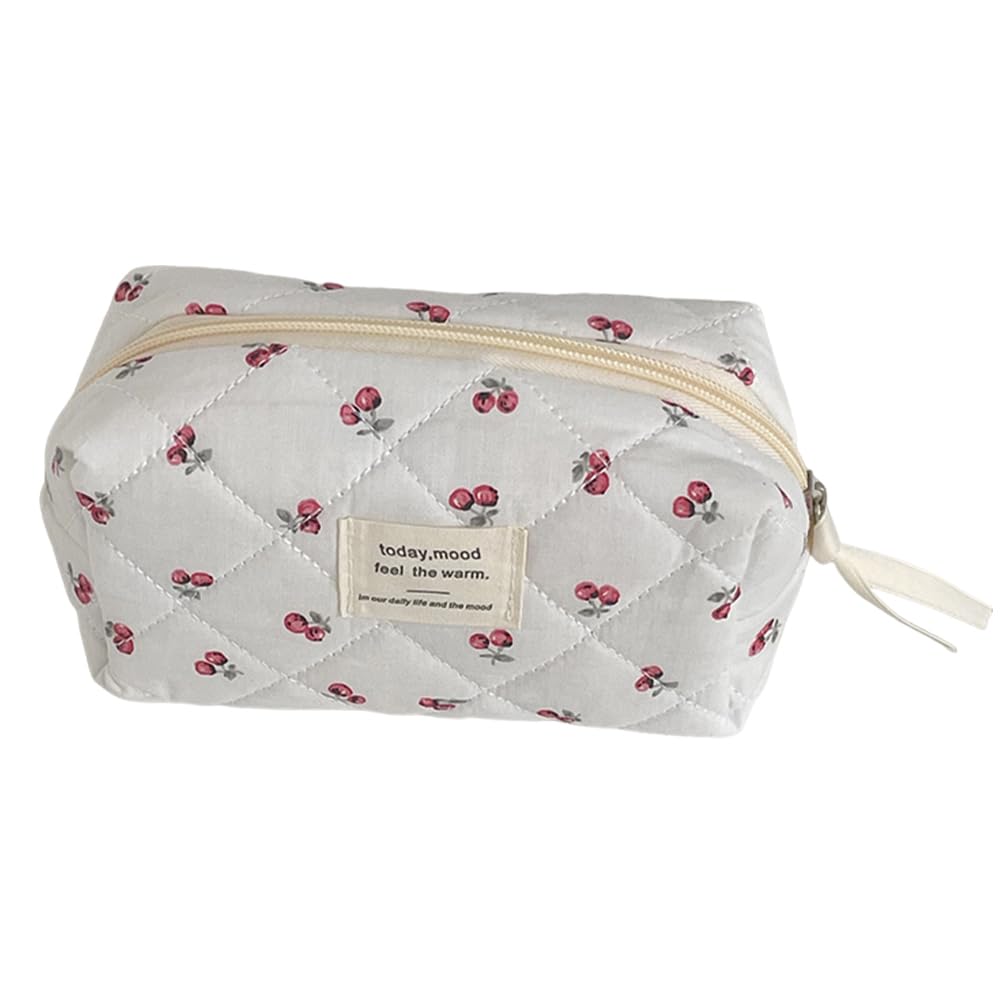 ALINUOYQ Women Cotton Quilted Makeup Bag Zipper Cosmetic Bag Travel Cosmetic Bag Cosmetic Pouch for Travel Shopping (C)