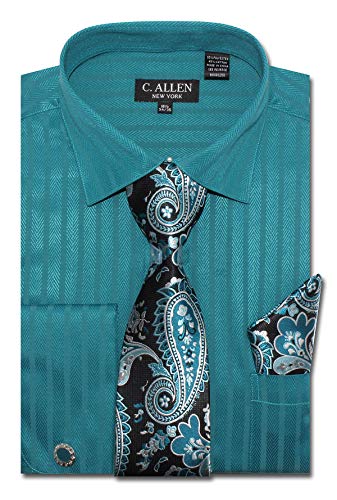 C. Allen Men's Solid Striped Herringbone Pattern Regular Fit French Cuffs Dress Shirts with Tie Hanky Cufflinks Combo - Main Image