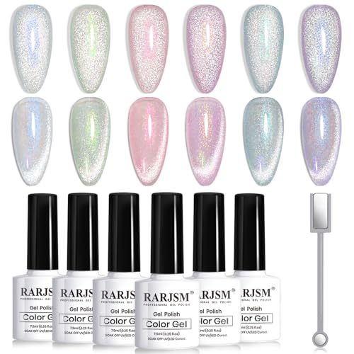 RARJSM Cat Eye Gel Nail Polish Set 6 Pcs Magnetic Sparkle Diamond Glitter Nude Pink Light Purple Red Silver Sheer Pink Velvet Ice Jelly Gel Polish with Magnet Stick UV LED Curing Requires Soak Off