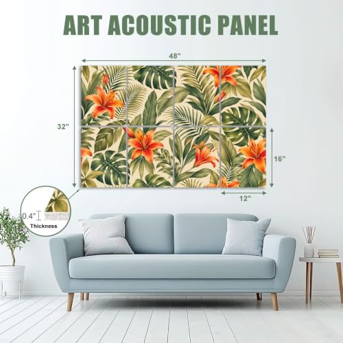 8 Pack Paneles Acústicos de Arte Absorbentes de Sonido con Diseño Tropical en Verde, Oro y Flores, Paneles Decorativos Autoadhesivos para Estudios de Grabación y Oficina 48"x32" miniatura 2