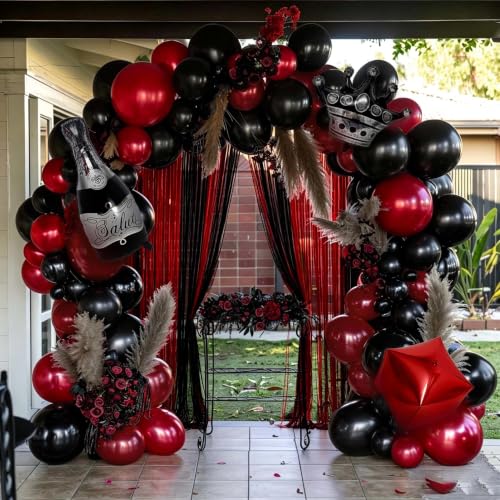 Image of Red Black Party Balloon Kit 2pack Foil Fringe Curtains,Square Foil Wine Bottle Crown Balloons Doubled Burgundy Black Balloon Arch for Birthday Bachelorette Gothic Vampire Celebration Wine Party Decor