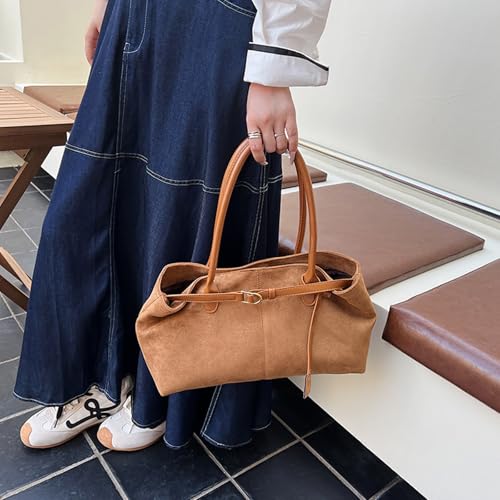 Suede Leather Casual Tote Handbag Large Capacity Retro Shoulder Bag Solid Color Vintage Tote Bag Travel Shopping Date Bag4