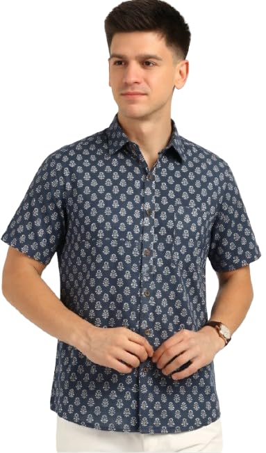 Image of BLOCKS OF INDIA Cotton Hand Block Print Half Sleeves Summer Shirt for Men