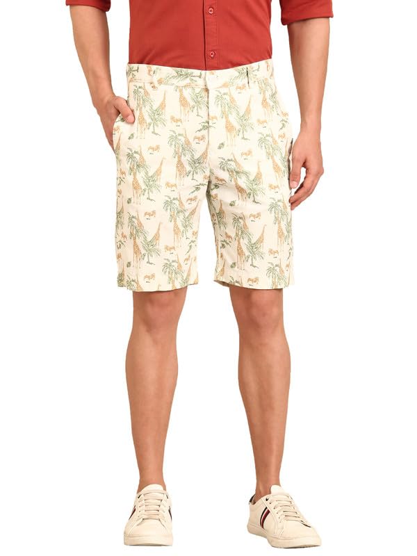 Men's Blended Linen White Printed Contemporary Fit Casual Shorts