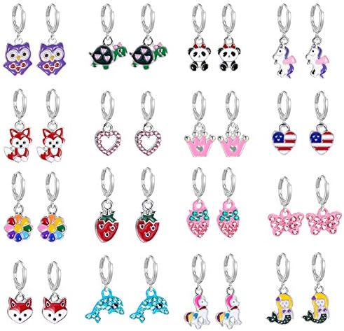 16 Pairs Hypoallergenic Silver Mini Cute Dangle Hoop Earrings for Teen Girls-Pink Animal Earrings for Girls And Women-Colorful Fox Flower Flag Dangle Hoop Earrings