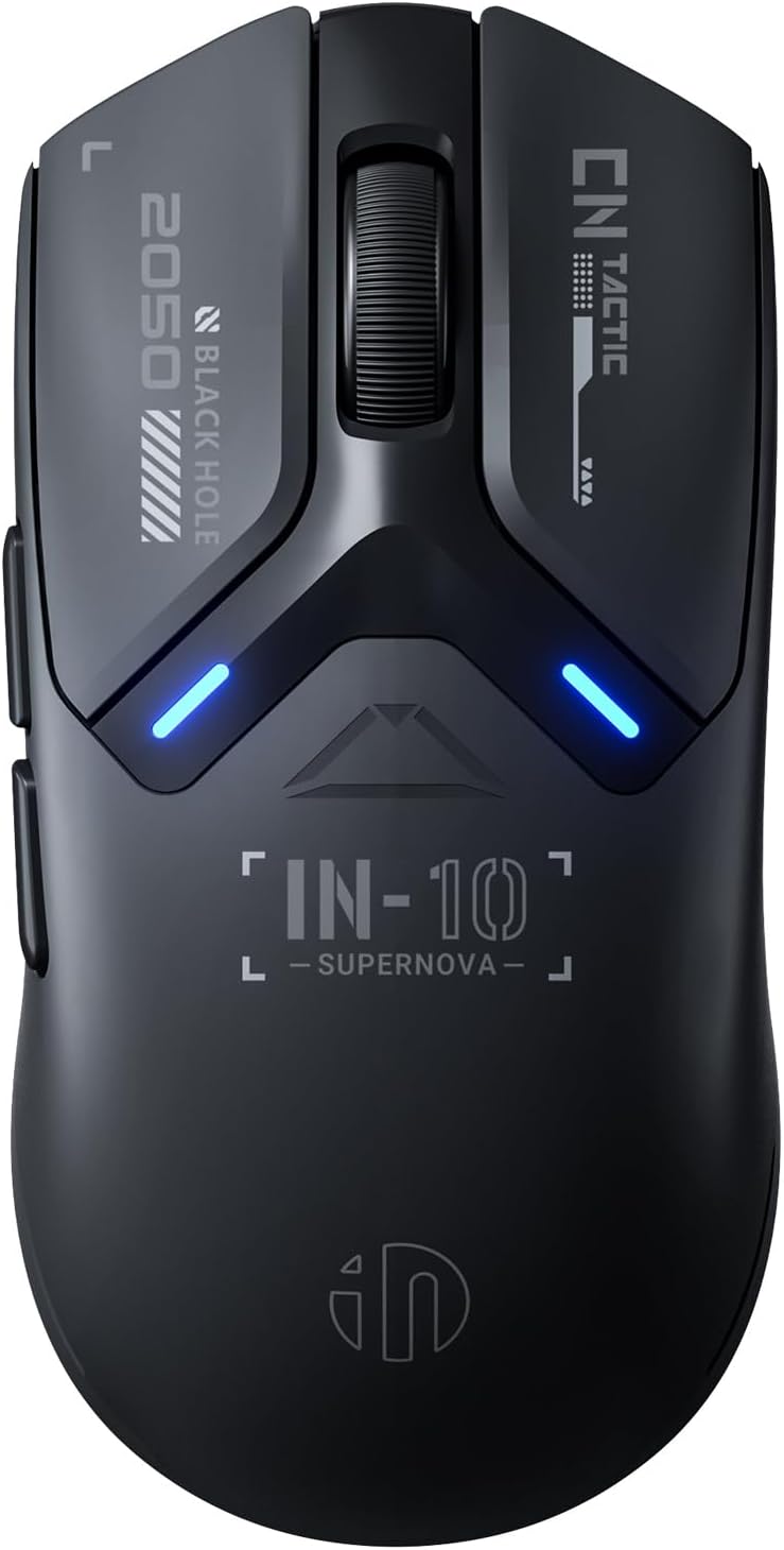 IN10P Mouse Gaming Wireless, Mouse da Gioco per PC Tri-modale 2.4G/ USB-C cavo/Bluetooth, 60g Superleggero, 26K DPI, Sensore PAW3395, Polling 8 kHz, Completamente Programmabile, Nero - Mouse gaming