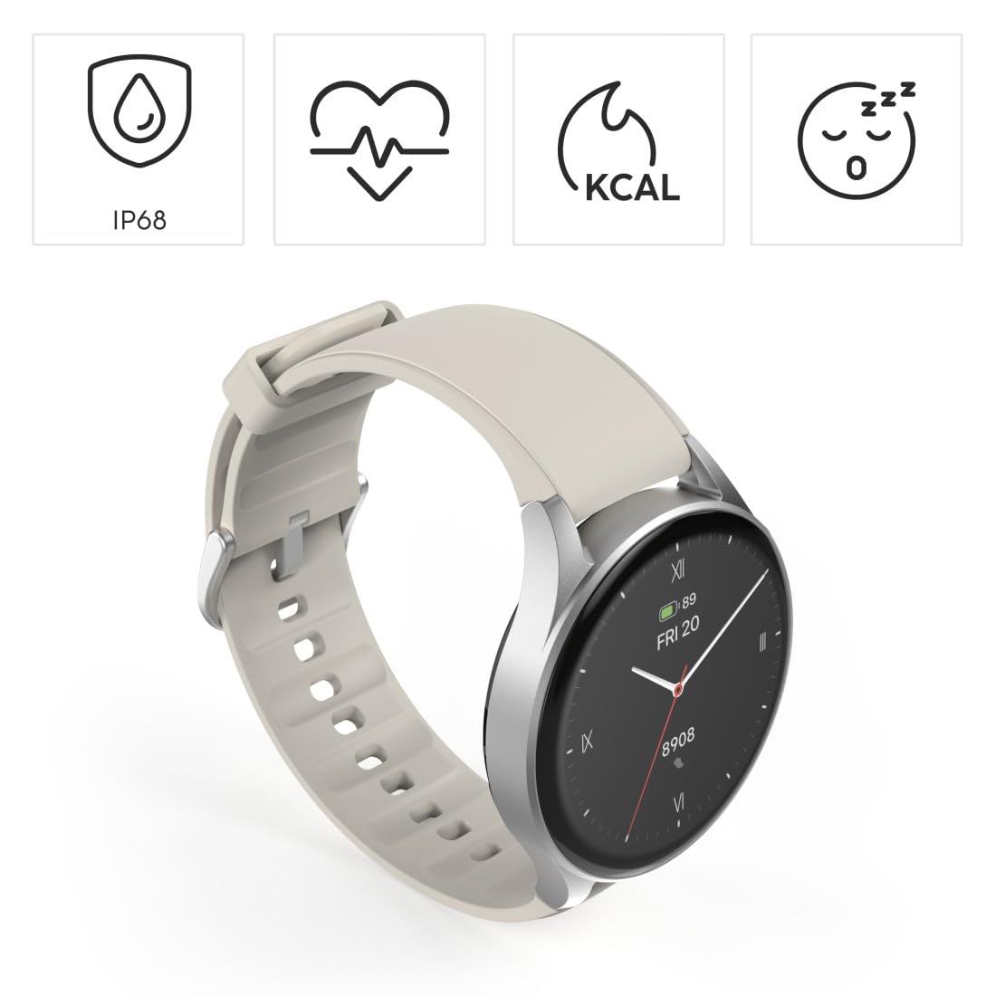 Hama Smartwatch GPS (zegarek inteligentny, smart, AMOLED 1.3, Bluetooth, wodoodporny, ładowanie magnetyczne, always-on, silikonowy pasek, srebrna koperta, 1,32", rozmowy) beżowy