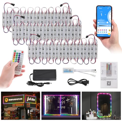 Image of BEAMNOVA 30Ft Stip Lights Kit, 60pcs RGB LED Modules, Remote, Bluetooth App Control, DC 12V Voltage Transformer, Adhesive Waterproof Commercial Storefront Lights, No Lens