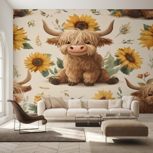Genérico Papel Pintado Pared Vaca de Las Tierras Altas Dibujos Animados Papel Pintado Pared Dormitorio Casa de Campo Tierras Altas, Salon Tejido No Tejido Decoración del Hogar 150x105 W22