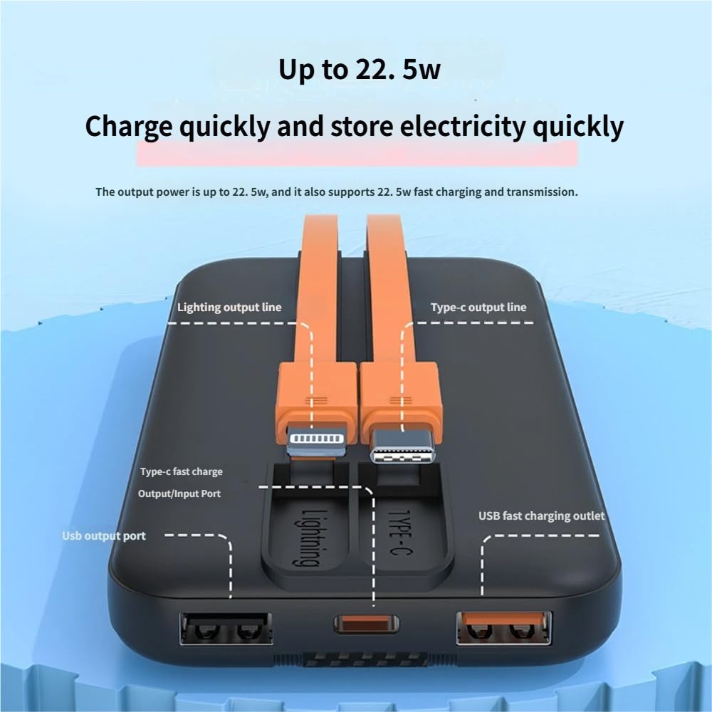 Batterie externe portable 20 000 mAh, câbles intégrés, affichage numérique LED, charge rapide, noir, 14,7 x 6,9 x 2 cm
