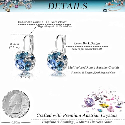 Multicolored Austrian Crystal Leverback Earrings for Women 14K Gold Plated Dangle Hoop Earrings Hypoallergenic Jewelry4