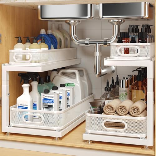 Image of 2-Pack 18.5 IN Depth Under Sink Organizer With Next-Gen Ball-Bearing Slides,Sophisticated Mesh 2-Tier Pull Out Shelf for Kitchen & Bathroom,Fits Small Items-White(Patented)