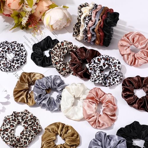 Image of Tatuo 24 Pieces Hair Scrunchies for Girls,Leopard Series Color,Satin | Large Soft Elastic Scrunchies for Kids Women, Bulk Pack for Party Favors Gymnastics Dance, Ponytail Ties Gentle Hold