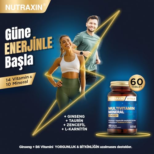Nutraxin Multivitamin Mineral Energy – Ginseng, CoQ-10, L-Karnitin, Taurin ve 24 Vitamin-Mineral İçeren Enerji Destek Tableti – 60 Tablet – Vegan