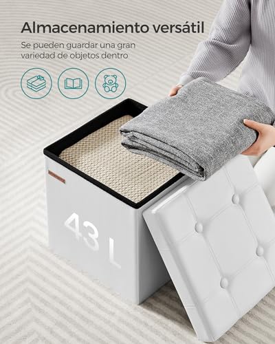 Miniatura 5 de Songmics Puff Almacenaje De 38 Cm, Banco De Almacenamiento Plegable Con Tapa, Reposapiés, Cuero Sintético, Carga De 300 Kg, Para Entrada, Sala De Estar, Dormitorio, Blanco Nube Lsf030w11