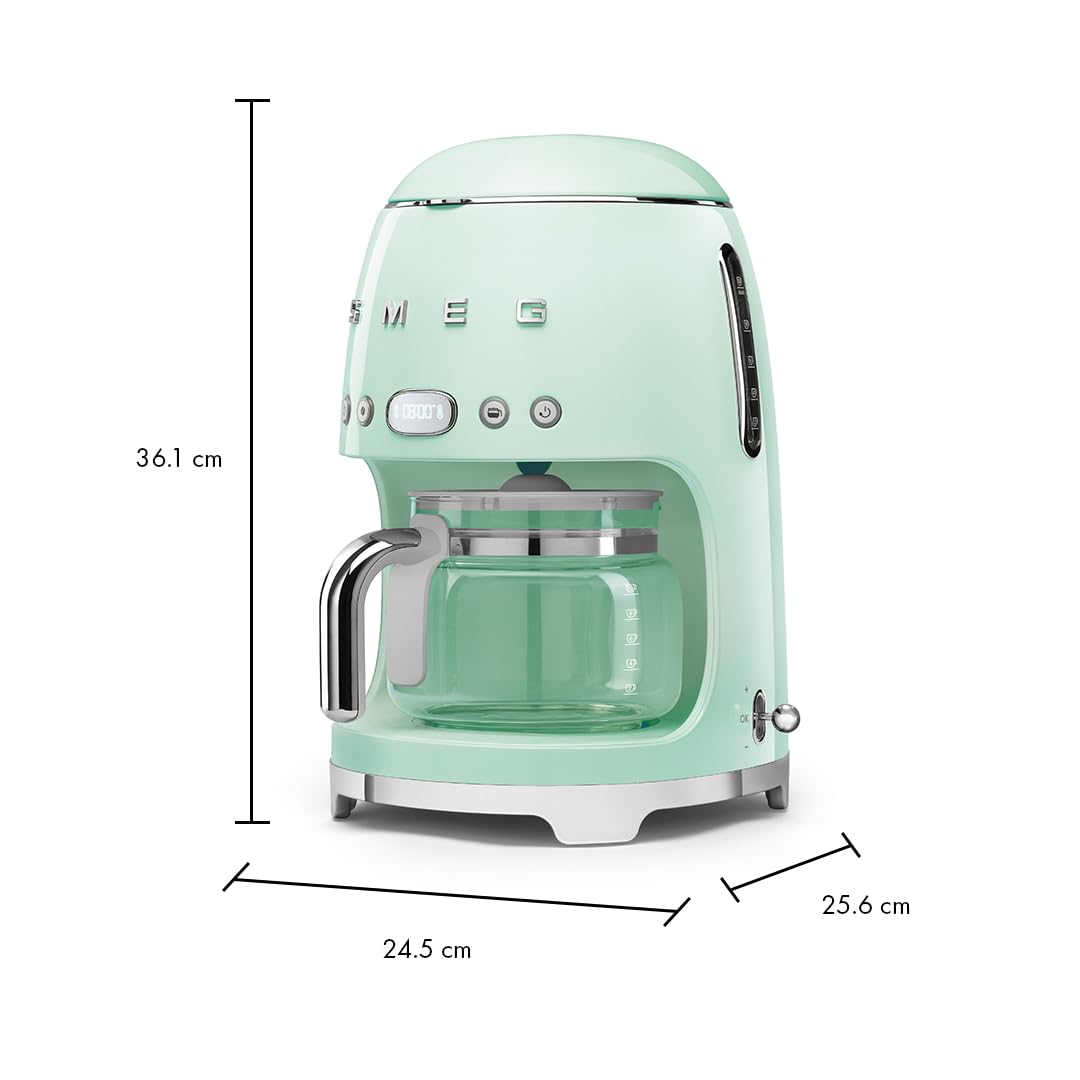 Smeg 50's Retro Style Aesthetic Drip Coffee Machine with 10 Cup Glass Carafe, Auto Start Feature, Keep Warm Plate, and Two Coffee Strength Settings (Cream): 10 Cup Pastel Green