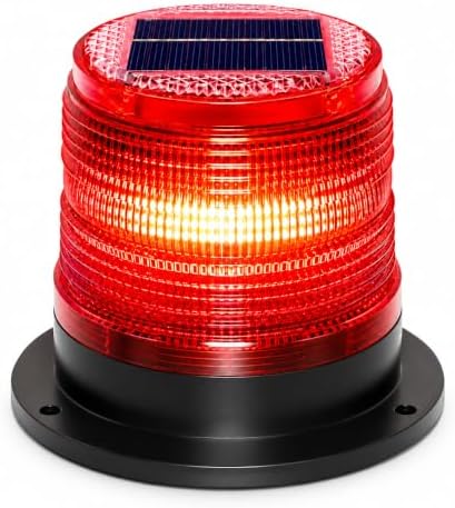 Solar Strobe Warning Light, 360° Solar Flashing Safety Beacon, Auto On Off, with Heavy Duty Magnetic Base, IP65 Waterproof for Construction, Traffic, Road Safety, Dock, Marine, Forklift, Crane (Red)