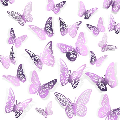 Crosize 48 Pcs Butterfly Decorations - 4 Styles, 3 Sizes, 3D Wall Decor for Party, Crafts, Bouquet, Cake Decorating, Flower Arrangements,Lavender