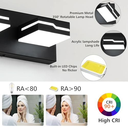 Image of LED Modern Bathroom Vanity Light Fixtures 4-Light, 25.5 inch Dimmable Black Vanity Lights for Bathroom Lighting Fixtures Over Mirror, with 350Rotatable Acrylic Heads(White Light 5500K)