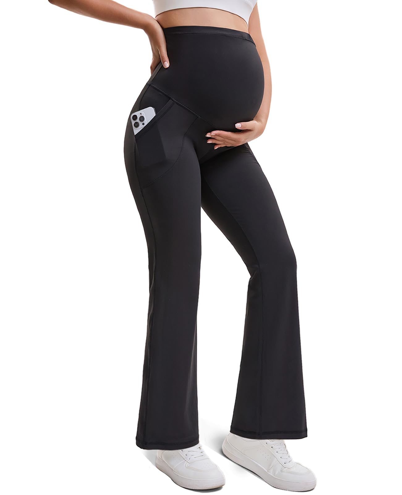 Womens Maternity Flare Leggings with Pockets Buttery Soft Pregnency Workout Yoga Pants