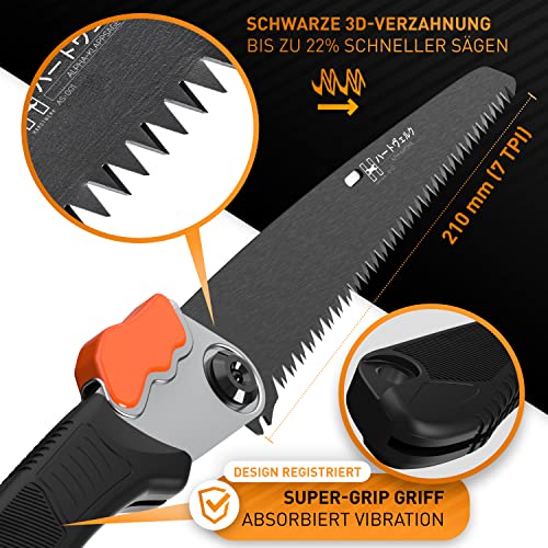HARDTWERK Klappsäge ALPHA Astsäge mit Safety Lock (210mm) für Garten, Outdoor, Bushcraft inkl. S-Karabiner, Handsäge Holz aus SK5 Karbonstahl - Allzweckklappende Handsägen - Garten Handsäge - Säge