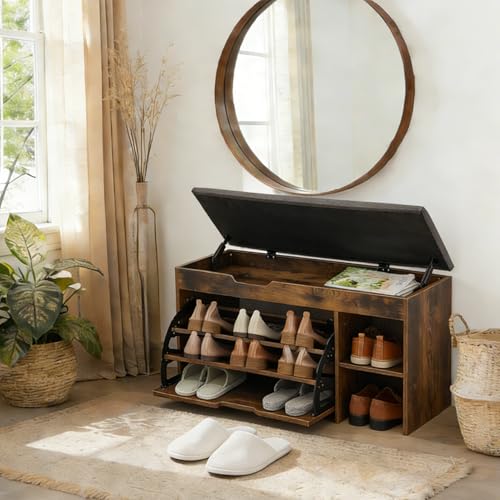 Shoe Storage Bench with Flip Drawers & Lift Top Storage
