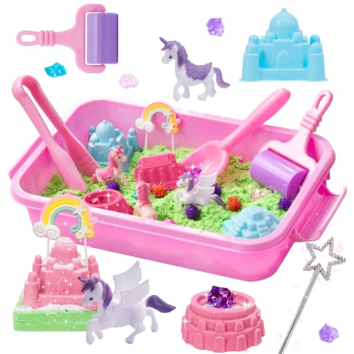 Image of Carolart Unicorn Sensory Bin, Sand Box Kit with Sensory Sand for Girls | Unicorn sand kit , Sensory kit with castle molds and storage bin for creative play, girls gifts for toddlers ages 3+