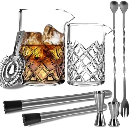 Cocktail Mixing Glass,16oz 24oz Crystal Thick Bottom Glass,with Spoon, Jigger,Strainer and Muddle,10 Pieces Cocktail Mixing Cup Kits, Gift for Amateurs and Bartenders - Thumbnail 2