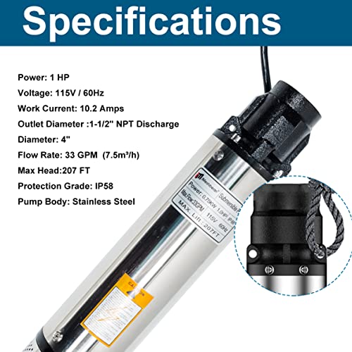Deep Well Submersible Pump With External Control Box, 1 Hp Well Pump 115V 33 Gpm, 207' Head,100' Power Cord Stainless Steel, 4",Long Life M#010 (Cast Iron Discharge Head) #TOP2