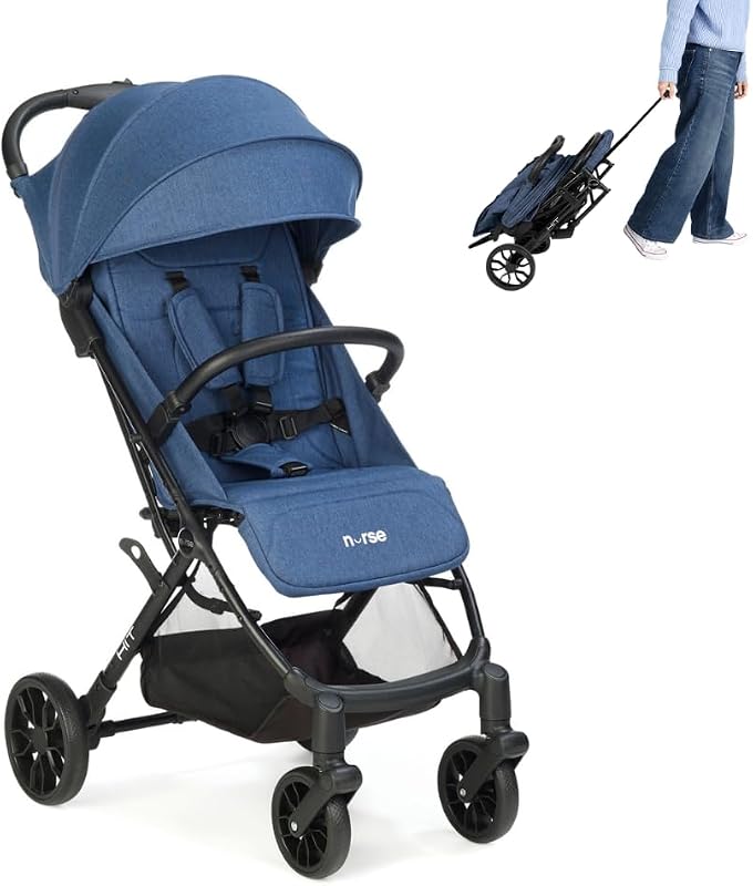 Nurse Hit Silla de Paseo Ligera hasta 22 kg, Plegado Compacto con Una Mano, Asa de Transporte, Respaldo Reclinado, Capota Extensible, Azul