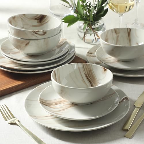 Image of Gibson Home Cloudlight 12 Piece Plates and Bowls Dishes Brown and White - Decorated Porcelain Ceramic Dinnerware Set - Service for 4