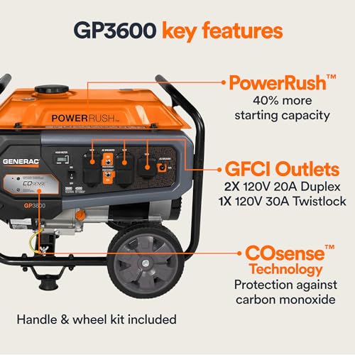 Generac 7721 GP3600 3,600-Watt Gas-Powered Portable Generator - COsense Technology - Powerrush Advanced Technology - Reliable Power for Emergencies and Recreation - 49 State Compliant - Image 6