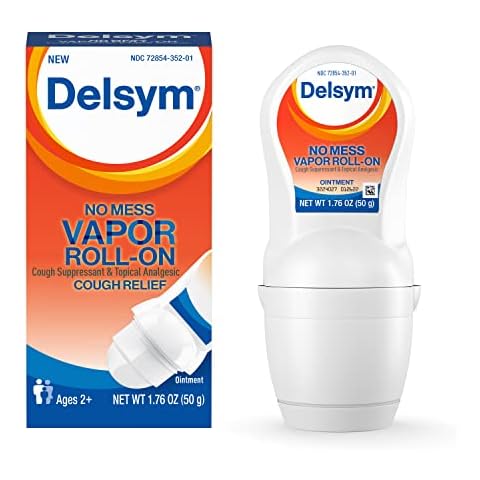 Delsym No Mess Vapor Roll-On Cough Suppressant & Topical Analgesic 1.76 oz with Camphor, Eucalyptus Oil, Menthol, Adults & Kids, Maximum Strength Cover