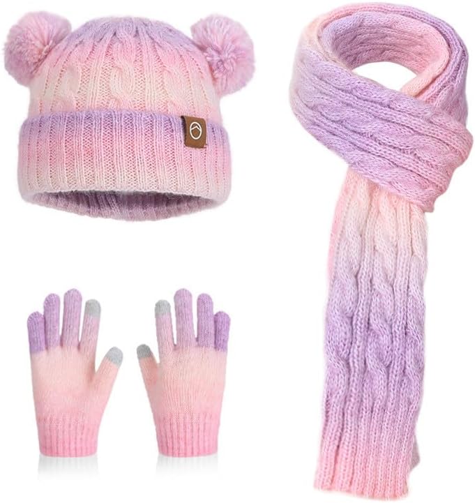 Topcosplay Winter Kids Warm Hat Scarf Gloves 3 Piece Set Knitted Neck Warm Scarf Plush Lining Gloves Hat Christmas Gift Set