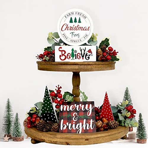 Dazonge Christmas Decorations, 5Pcs Christmas Tiered Tray Decor - Farm Fresh, Grinch Believe, Merry Bright, Red/Green Christmas Tree Wood Signs, Farmhouse Rustic Christmas Decor For Home #TOP5