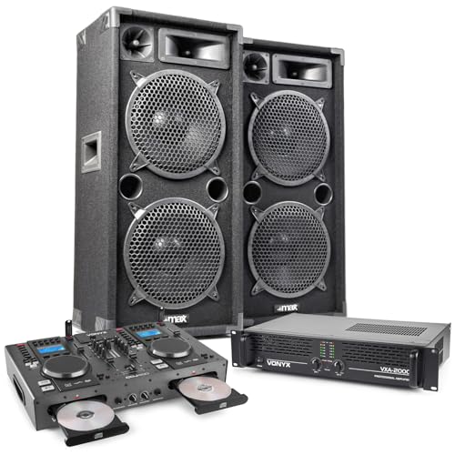 MAX MAX210 Dual 10 DJ PA Speaker Full Passive Sound System with 2000W Rack Amplifier, Pro DJ CD Mixer, Cables, Complete DJ Gear PA Package for Home, Bedroom, Events, and Mobile Gigs