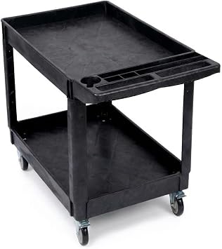 2 Tier Heavy Duty Service Cart, 550 LB Capacity, 32x18 in Small Plastic Rolling Utility Cart with Storage Handle & Lockable Wheels for Garage Warehouse Workshop
