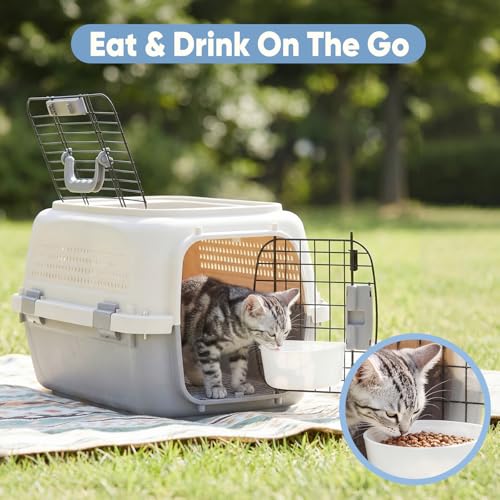 DUMOS 23" Hard-Sided Pet Carrier for Small Pets, 2 Door Cat Carrier, Beige | Airline Approved Dog Crate, Enhanced Security Latches, Front & Top Load Wire Door, Food Bowl for Traveling, Hiking, Camping - Image 5