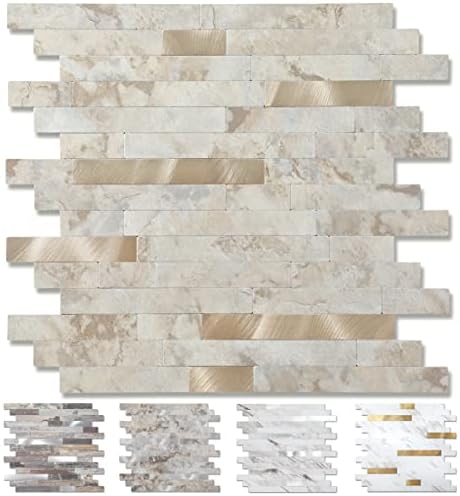 Yipscazo 10 - Sheet Peel and Stick Stone Metal Tile Backsplash, Stick on Tiles for Backsplash Kitchen, Bathroom, Laundry Room, Camper, Fireplace (12'' X 12'', Ecru)