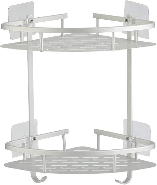 Hawsam No Drill Adhesive Shower Corner Shelf 2 Tier, Wall Mounted Non Rust Aluminum Stick Bathroom Shelves Caddy Storage Racks Basket for Shampoo