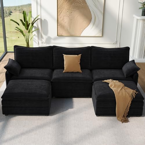 Image of Vesgantti 108 inch U Shaped Sectional Couch, Comfy Cloud Modular Sectional Sofa with 2 Ottoman Deep Seat Corduroy Modern Cloud Sofa, Modular Sofas for Living Room, Bedroom and Apartment, Black