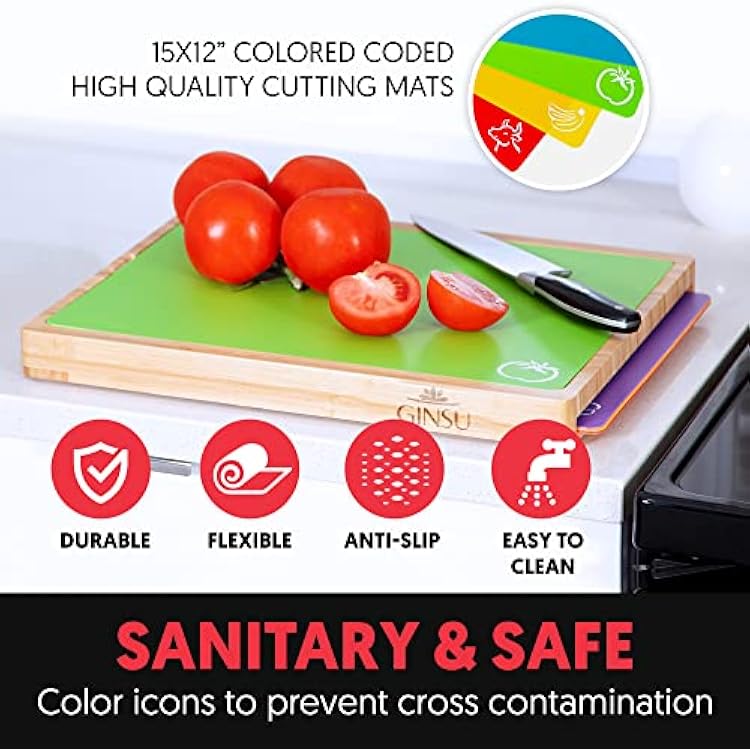 Ginsu Bamboo Wood Cutting Board Set with 6 Color-Coded Mats and Food Icons for Easy Meal Prep and Cleanup
