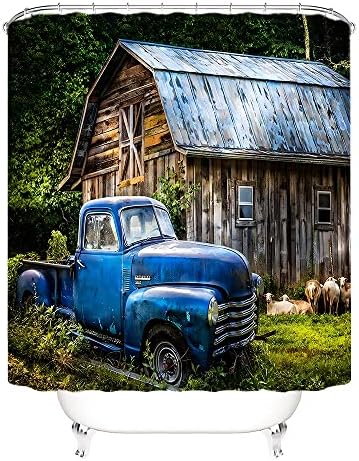 Qucena Old Truck Shower Curtain Rustic Barn Farm Animal Sheep Vintage Blue Car Tree, Farmhouse Country Scenery Fabric Bath Curtain Bathroom Decor with Hooks 70'Wx 70'H