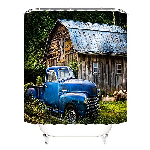 Qucena Old Truck Shower Curtain Rustic Barn Farm Animal Sheep Vintage Blue Car Tree, Farmhouse Country Scenery Fabric Bath Curtain Bathroom Decor With Hooks 70'Wx 70'H #TOP29