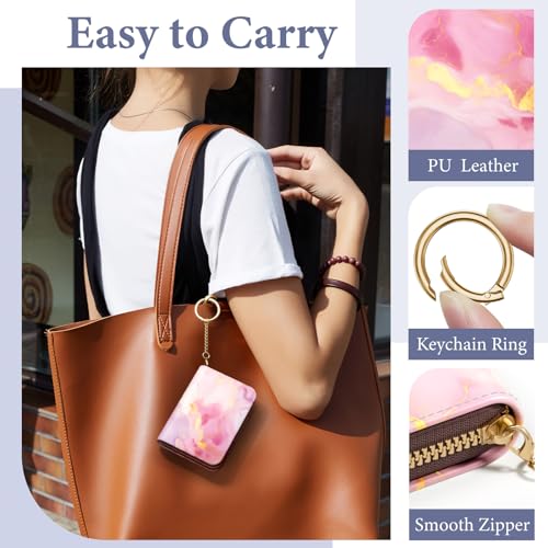 Image of Credit Card Holder RFID Wallet for Women, Small Leather Card Organizer Case with Zipper and Keychain, Red Marble