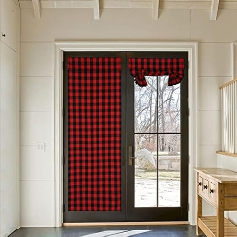 RLoncomix French Door Curtain Red Black Buffalo Plaid Sidelight Curtains Drapes for Glass Door Patio Front Door Vintage Farmhouse Tie Up Shades Window Treatments, 26 x 68 Inches, 2 Panels Cover