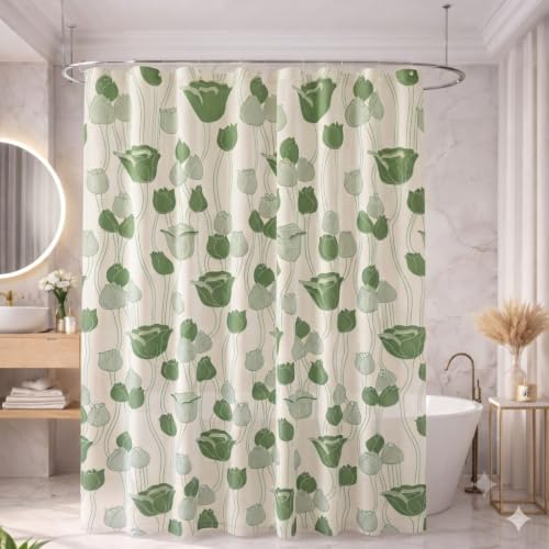 Image of Shower Curtain 7 Feet | Waterproof PVC Printed Bathroom Curtain with 8 Rings | Transparent Stone Print Bathtub Curtain | Long Bathroom Liner, Waterproof & Easy to Clean (Dark Green,Pack of 1)