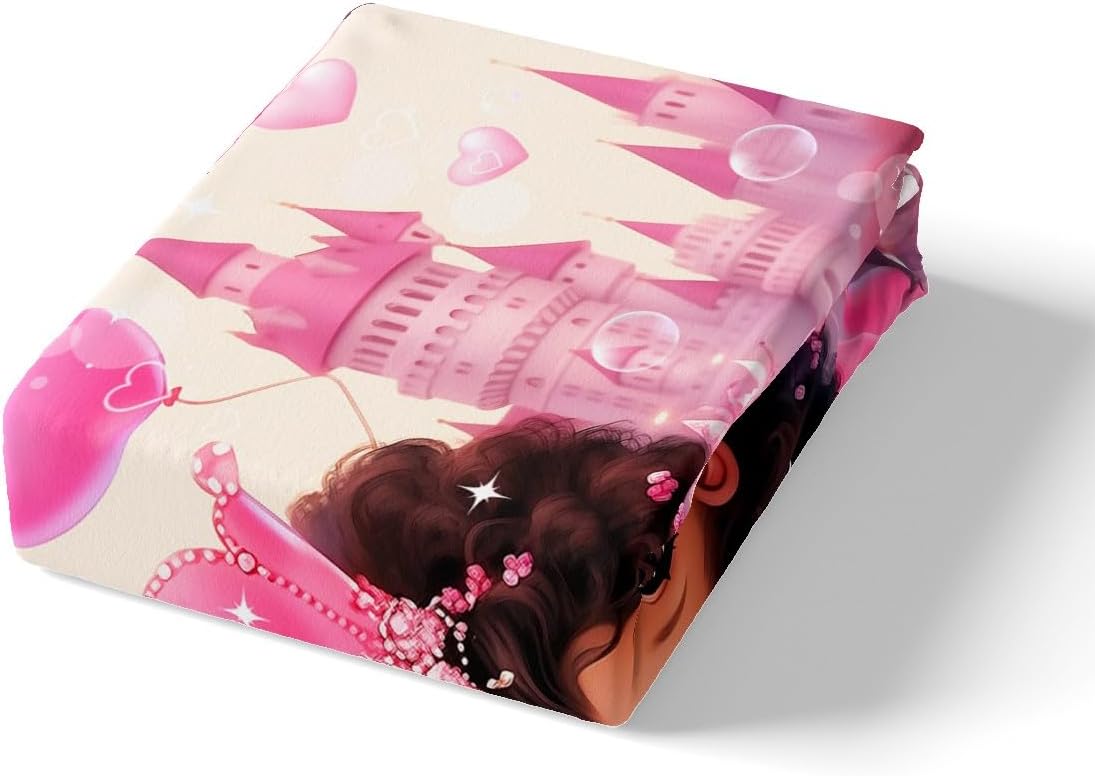 Manfei American Style Girl Duvet Cover Set,Fairy Tale Black Princess Crown Glitter Comforter Cover(No Filler) for Kids Teens,Dreamy Pink Castle Birthday Cake Quilt Cover with 2 Pillows,Full Size
